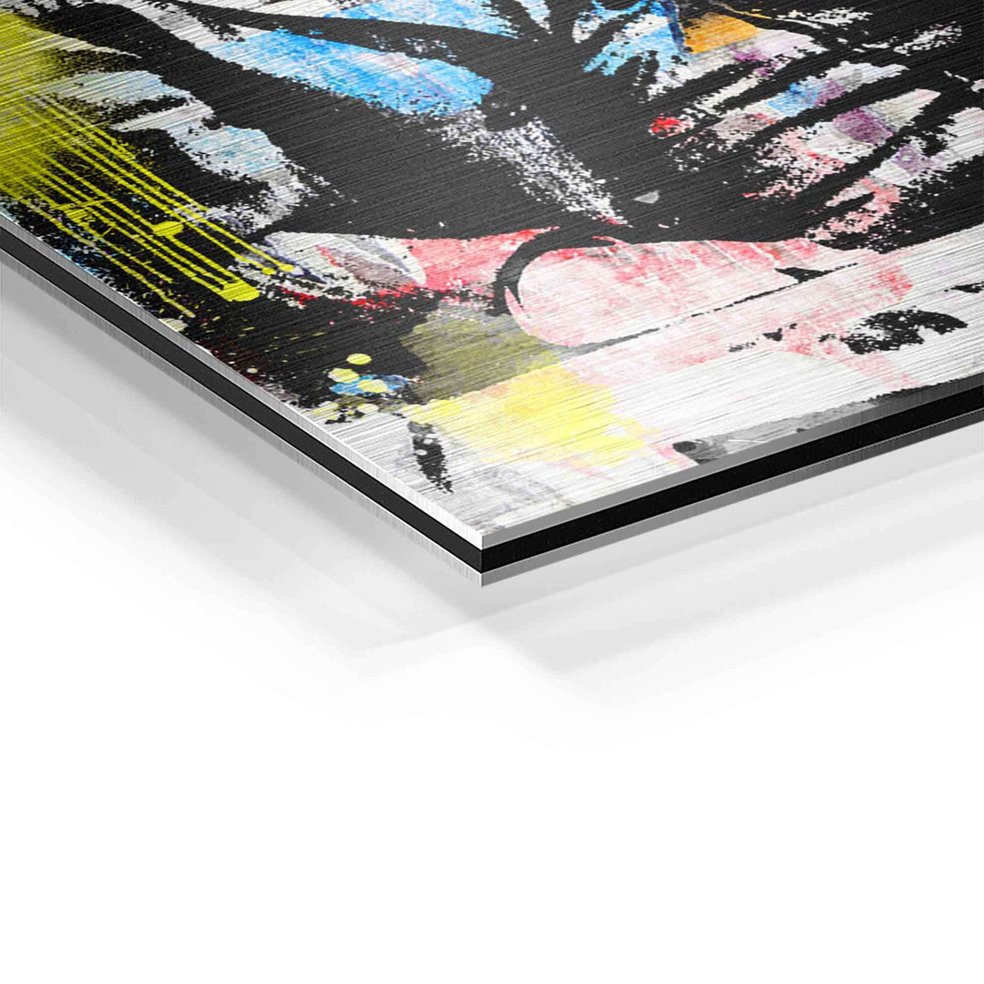 Detailansicht modernes Pop Art Wandbild auf Aluminium mit bunten Pinselstrichen
