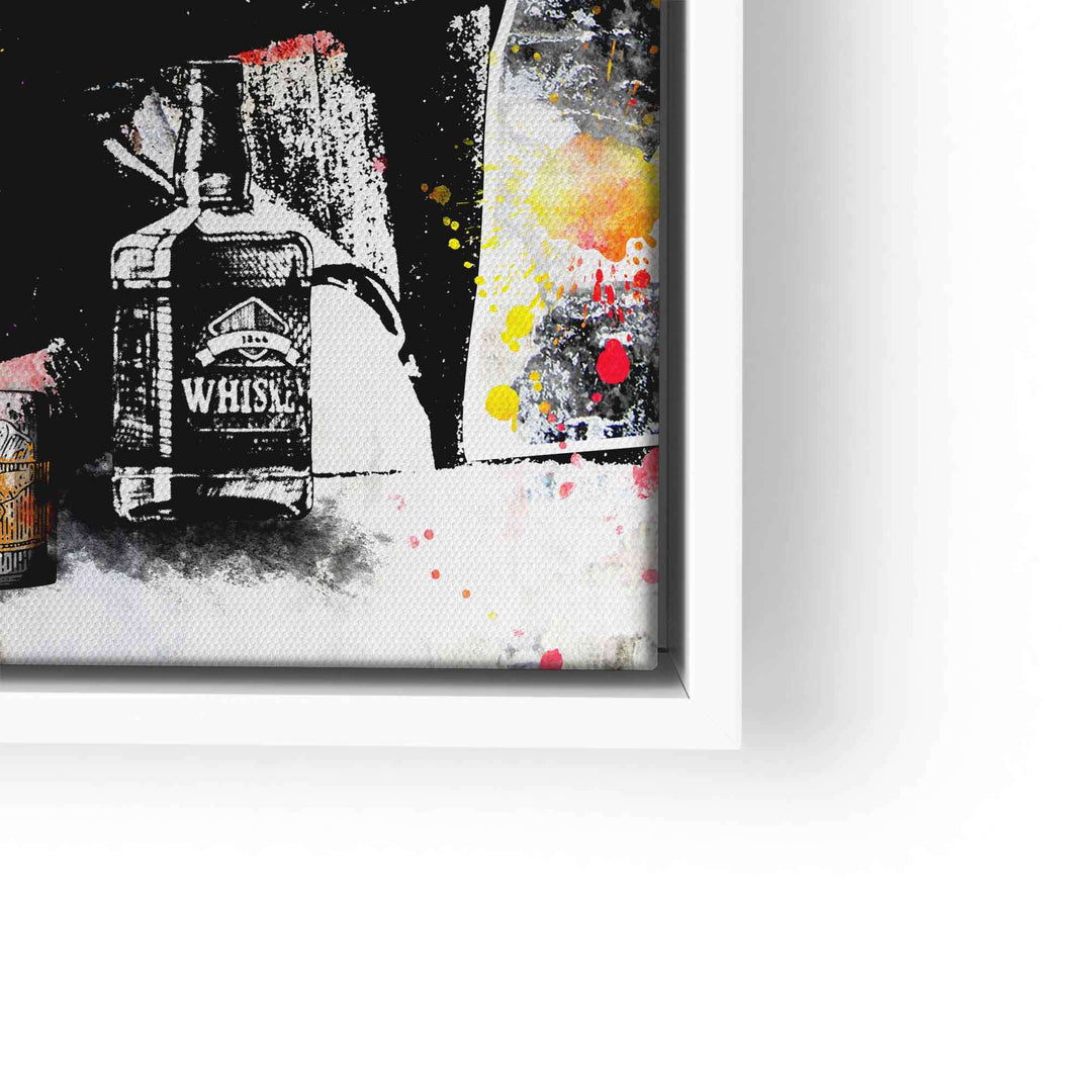 Pop Art Wandbild mit Whiskeyflasche, Spritzern in Gelb und Rot, moderner Kunstdruck