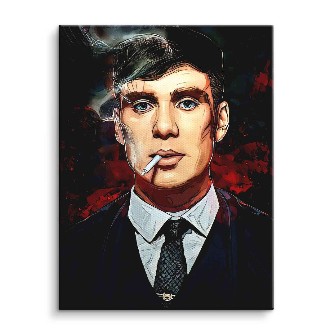 Modernes Wandbild im Pop-Art-Stil, porträtiert eleganten Mann mit Zigarette und Anzug.