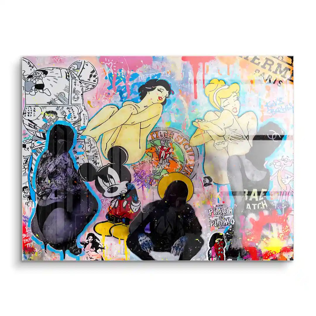 Buntes Acryl-Wandbild mit Pop Art Figuren, Streetart und Comic-Elementen, moderner Kunststil