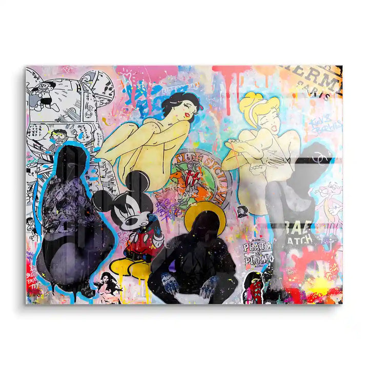 Buntes Acryl-Wandbild mit Pop Art Figuren, Streetart und Comic-Elementen, moderner Kunststil