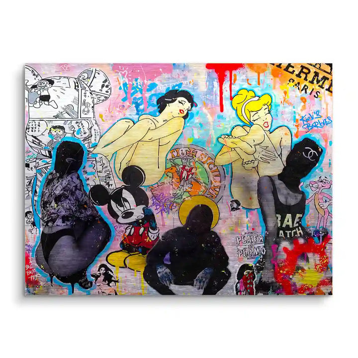 Modernes Pop Art Wandbild mit Cartoon-Figuren, Street Art Elementen und buntem Graffiti.
