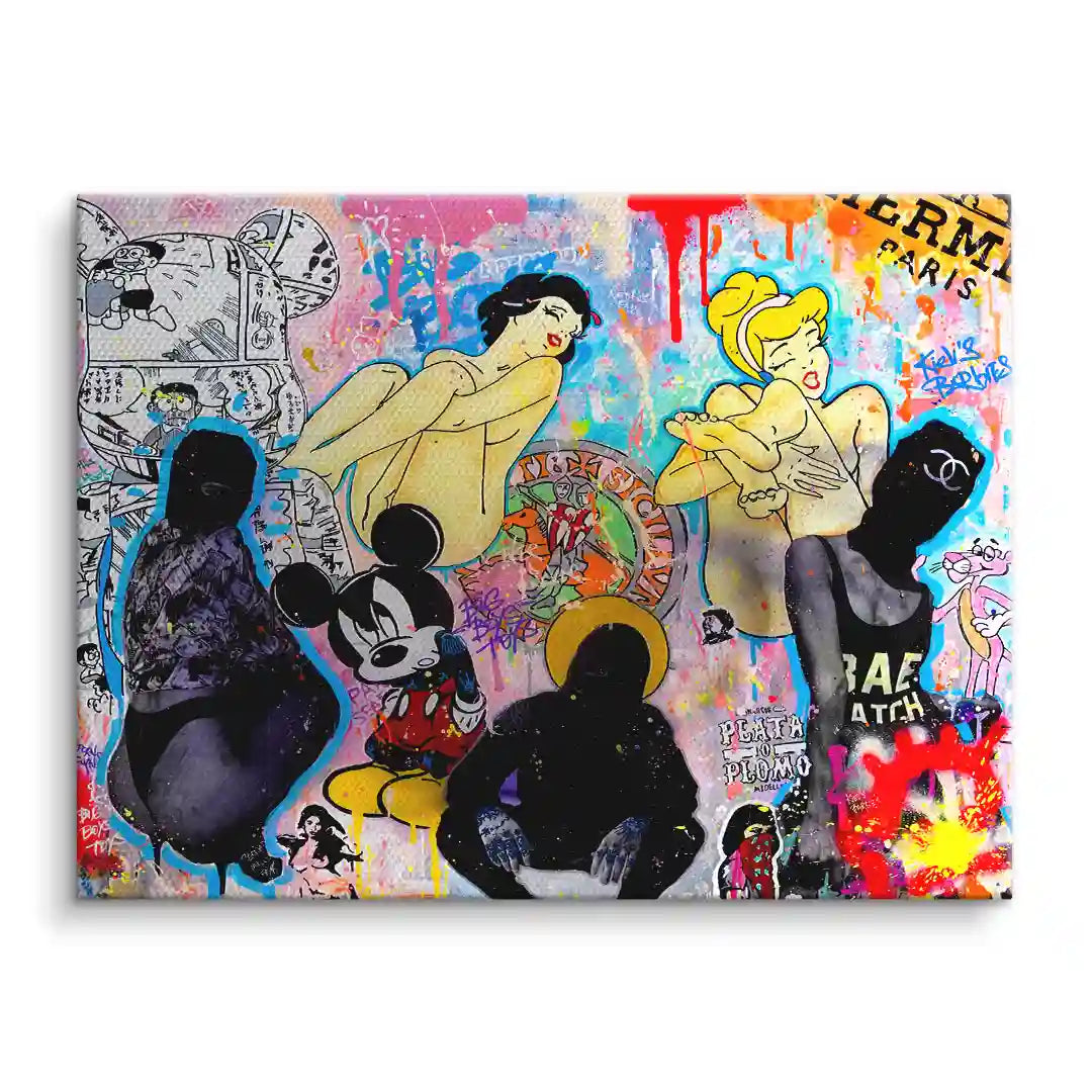 Buntes Pop Art Wandbild mit Comic-Figuren, abstrakten Silhouetten und Graffiti-Elementen