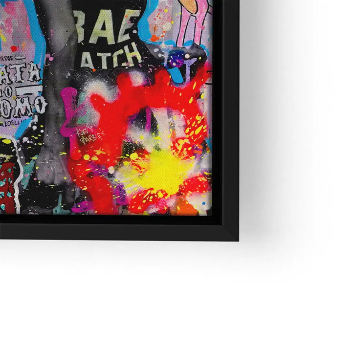 Bunte Pop Art Collage auf Leinwand mit Farbspritzern und schwarzen Rahmen
