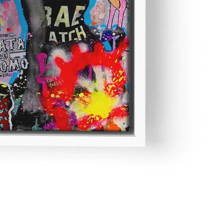 Pop Art Wandbild mit bunter Graffiti-Collage, Menschen und Farbexplosion in Weißrahmen