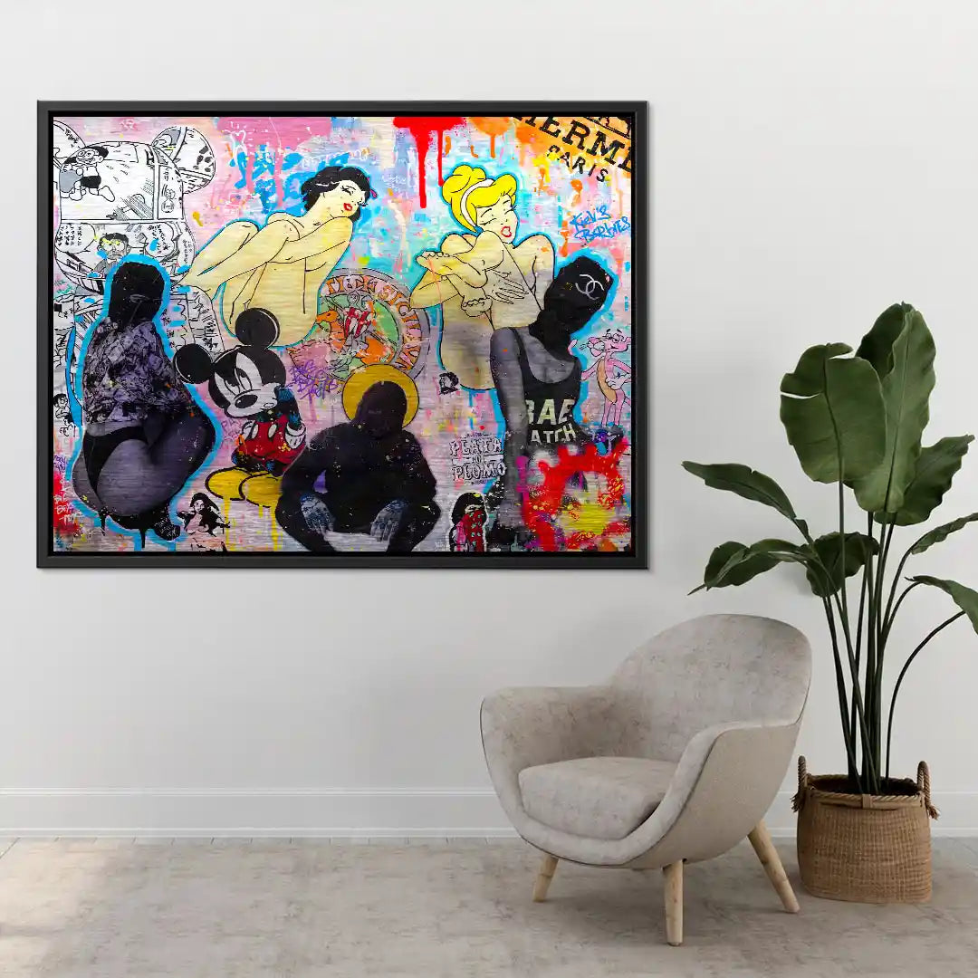 Modernes Wandbild in Pop Art Stil mit Comicfiguren und grafischen Elementen im Wohnzimmer