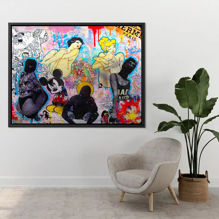 Modernes Wandbild in Pop Art Stil mit Comicfiguren und grafischen Elementen im Wohnzimmer