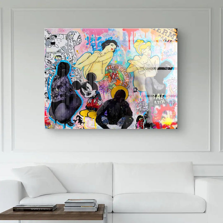 Modernes Wandbild mit buntem Pop Art Collage Design, Comic Figuren und kreativen Graffiti-Elementen
