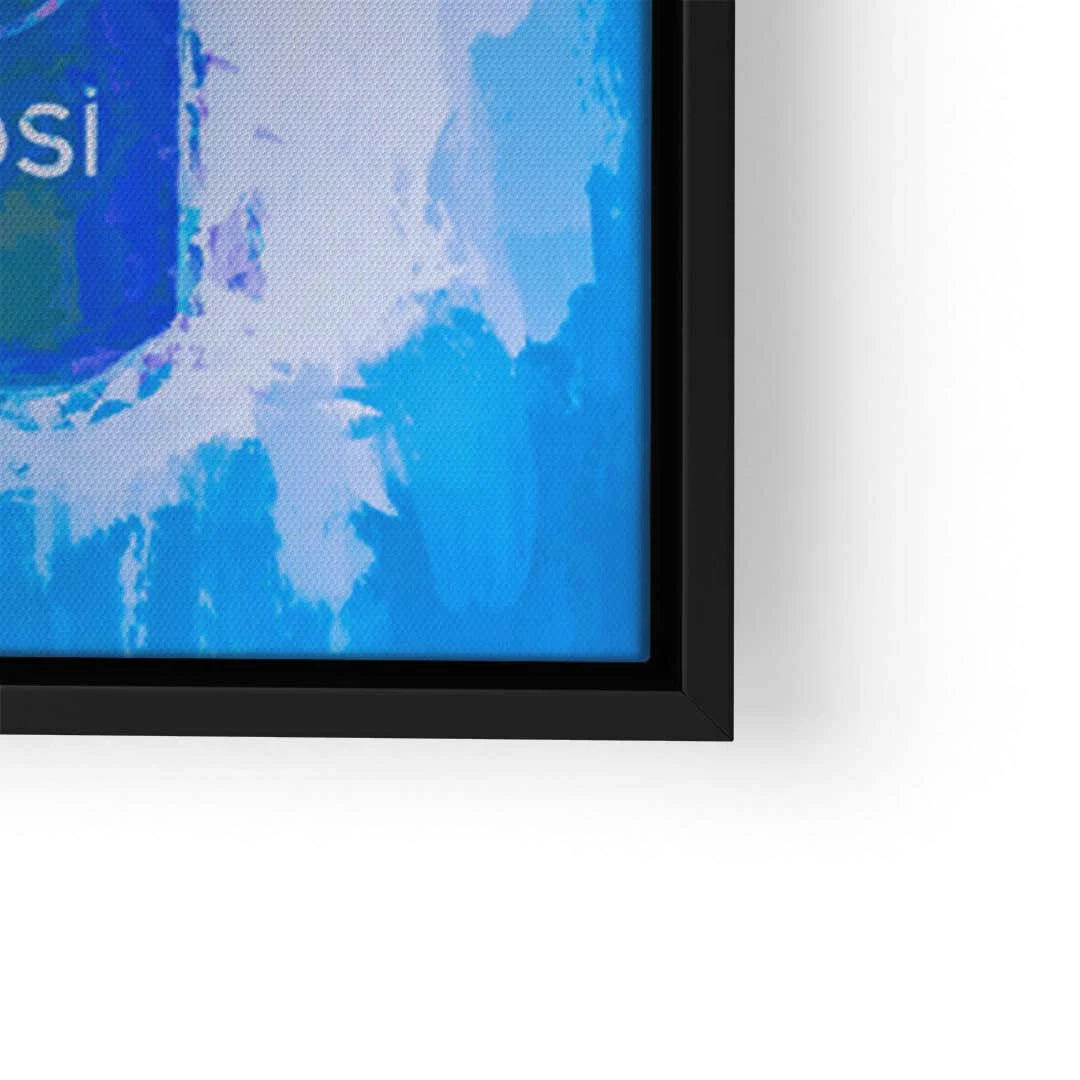 Detail eines modernen Wandbilds mit blauem Pop Art Design und schwarzem Rahmen