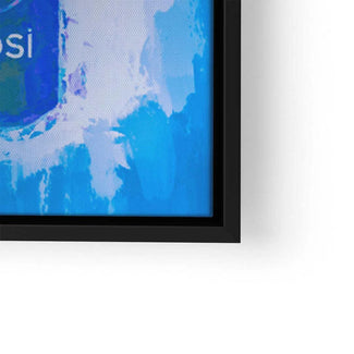 Detail eines modernen Wandbilds mit blauem Pop Art Design und schwarzem Rahmen