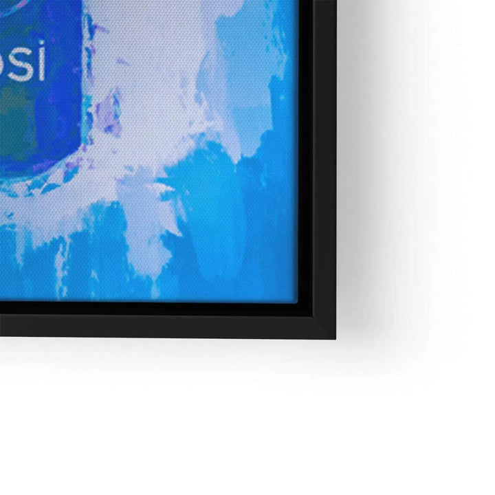 Detail eines modernen Wandbilds mit blauem Pop Art Design und schwarzem Rahmen