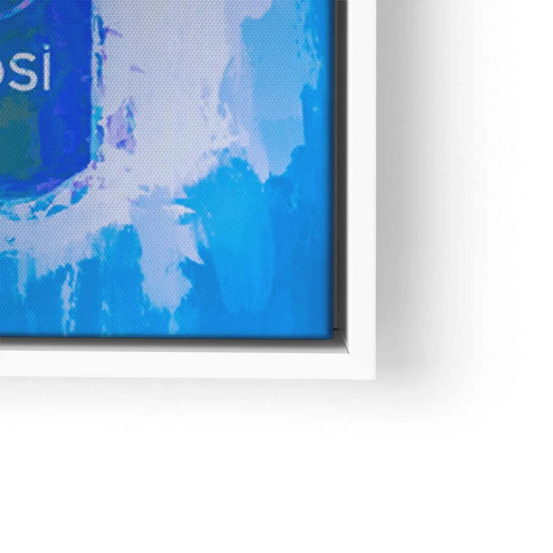 Modernes Wandbild mit blauem Pop Art Design und Pepsi-Motiv im weißen Rahmen