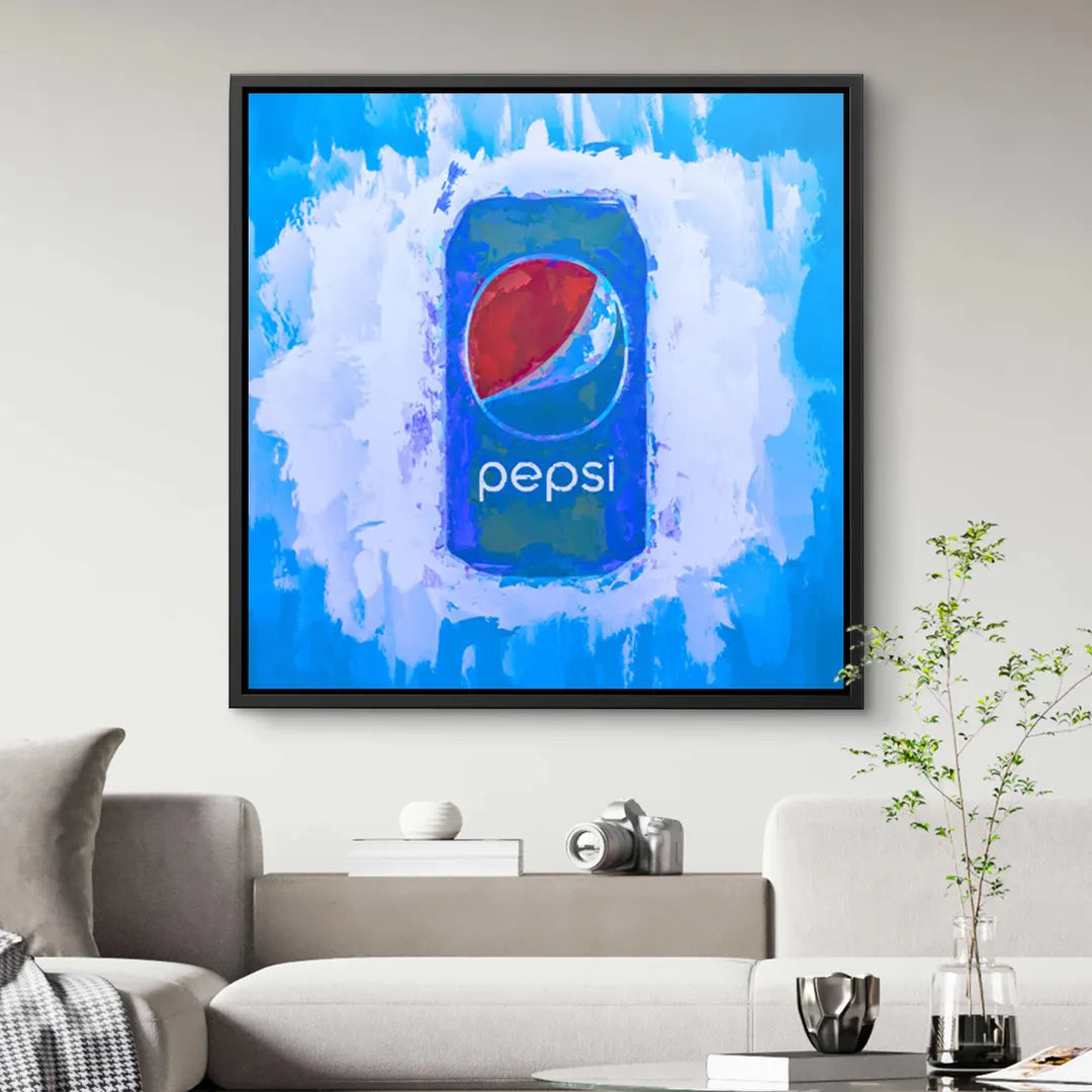 Modernes Wandbild mit Pepsi-Dose im Pop Art Stil auf blauem Hintergrund im Wohnzimmer