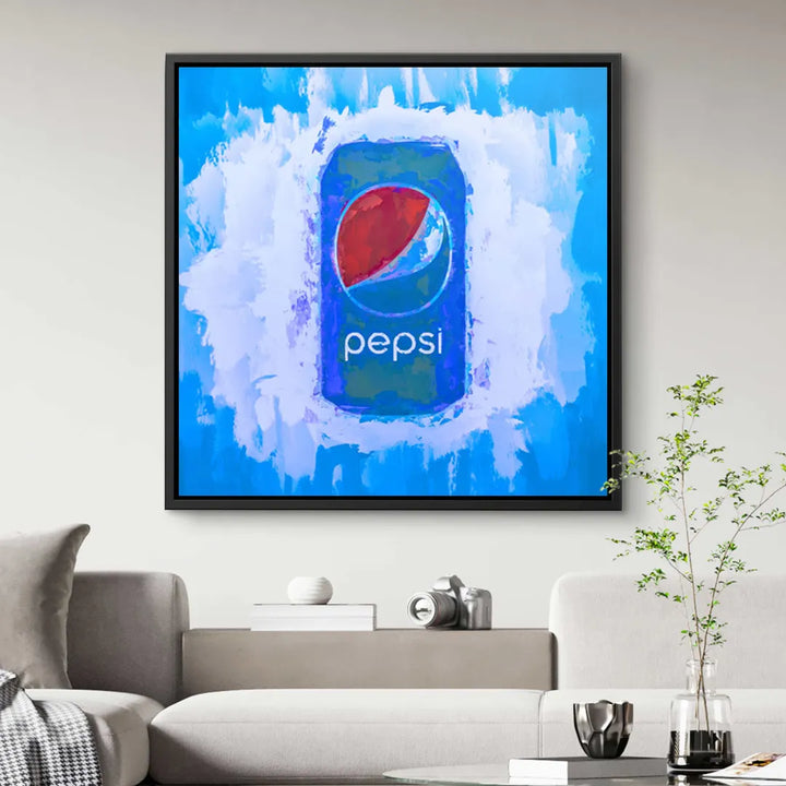 Modernes Wandbild mit Pepsi-Dose im Pop Art Stil auf blauem Hintergrund im Wohnzimmer