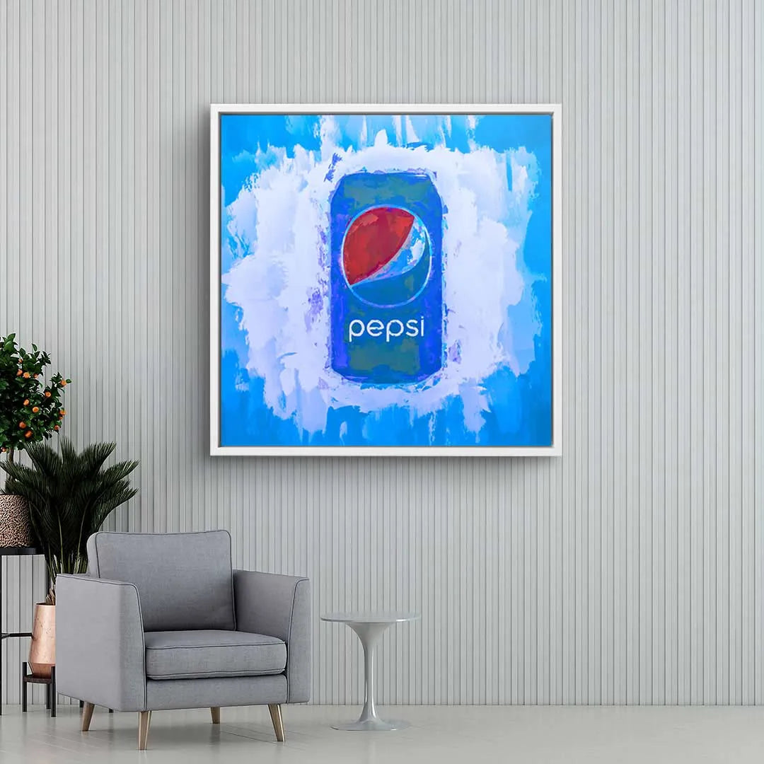 Modernes Wandbild mit bunter Pepsi-Dose im Pop Art Stil über grauem Sessel