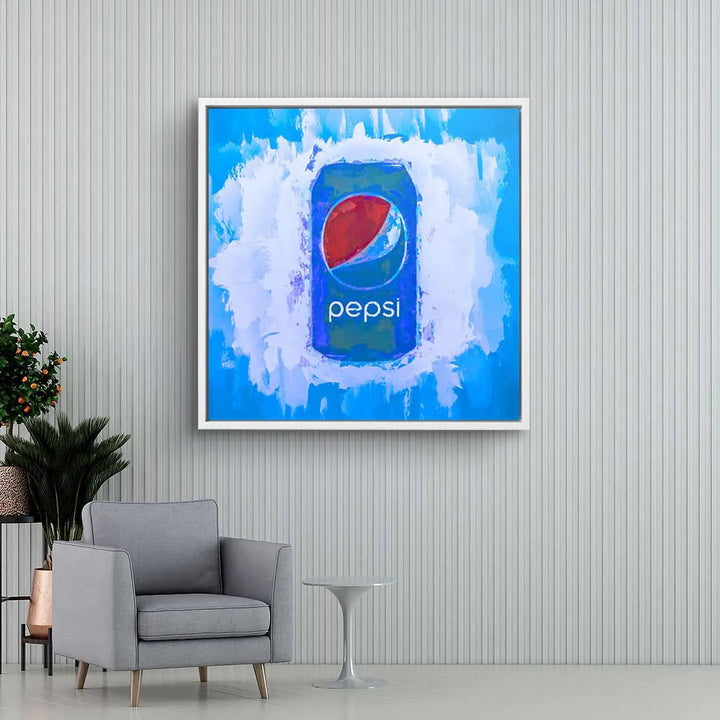 Modernes Wandbild mit bunter Pepsi-Dose im Pop Art Stil über grauem Sessel