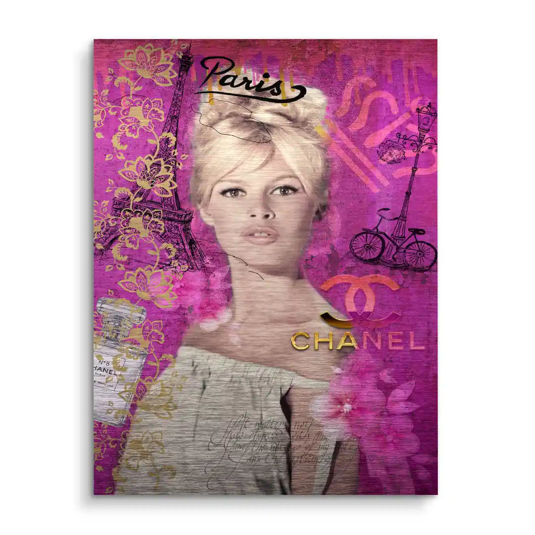 Wandbild Pop Art Frau in Pink mit Eiffelturm, Fahrrad und goldenen Blumenmotiven