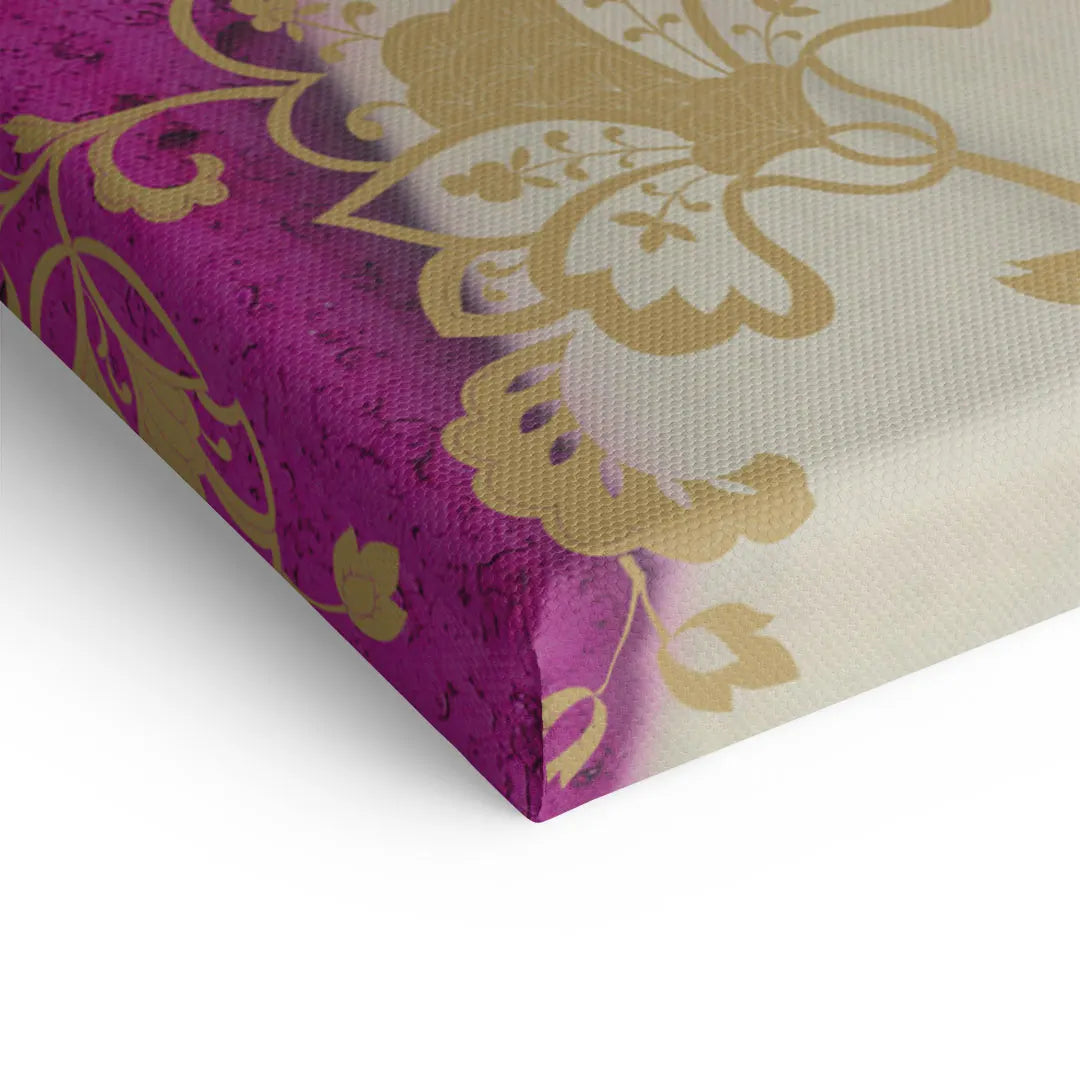 Detailansicht Leinwandbild mit pinkem Hintergrund und goldener Blume, moderne Wandkunst