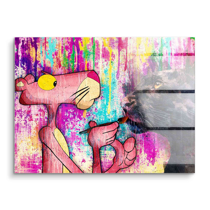 Wandbild mit Pink Panther, der einen schwarzen Leoparden auf bunter Pop Art Kulisse malt