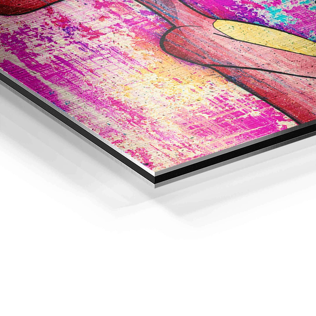 Detailaufnahme eines modernen Pop Art Wandbilds mit pinkfarbenem Panther-Motiv auf Aluminium
