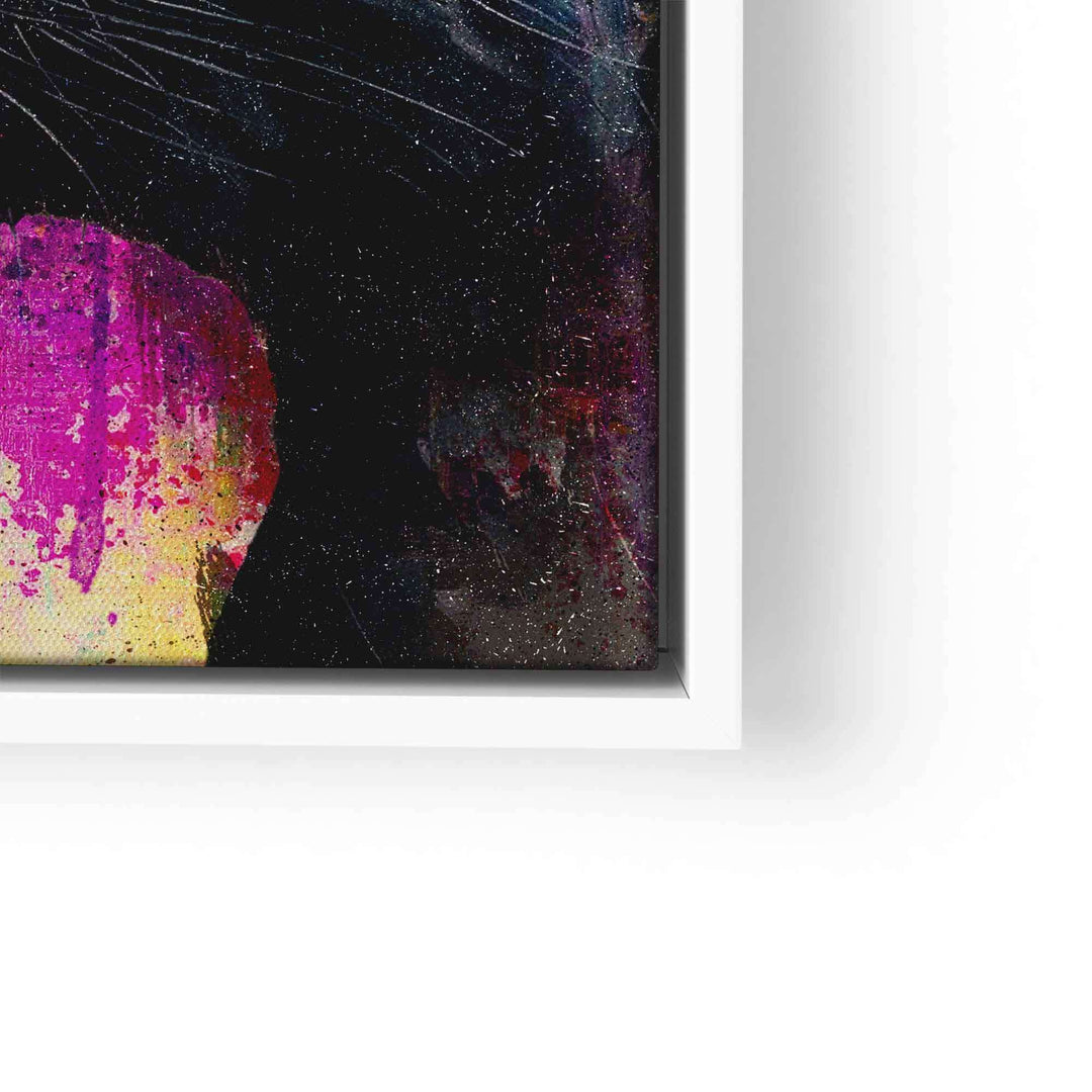 Modernes Wandbild mit abstraktem Leoparden-Motiv in Pink und Schwarz, gerahmt.