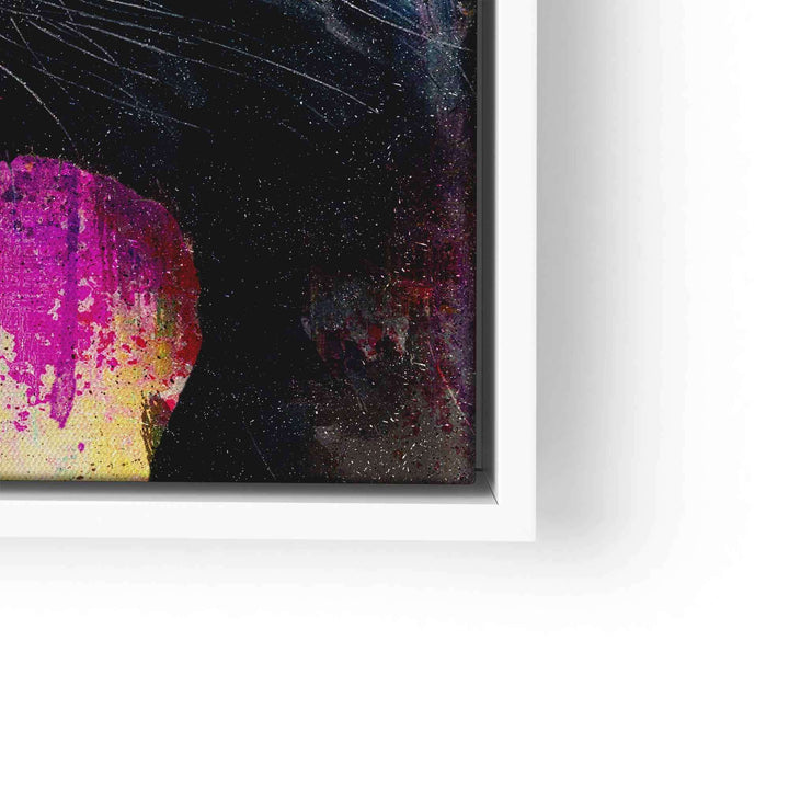 Modernes Wandbild mit abstraktem Leoparden-Motiv in Pink und Schwarz, gerahmt.