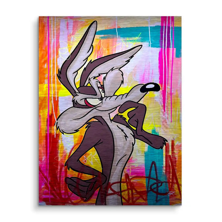 Buntes Wandbild mit Cartoon-Kojote auf abstraktem, farbigem Hintergrund, Pop Art Stil