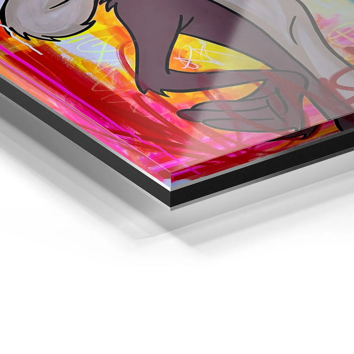 Detailaufnahme Acrylglas-Wandbild mit bunter moderner Kunst und Comicfigur auf leuchtendem Hintergrund