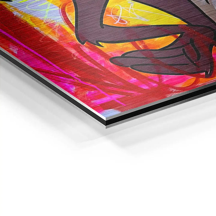 Detailaufnahme modernes Wandbild auf Aluminium mit buntem abstraktem Design, gebürstete Oberfläche