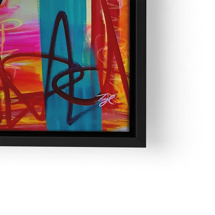 Modernes abstraktes Wandbild mit bunten Farben und schwarzen Linien im schwarzen Rahmen