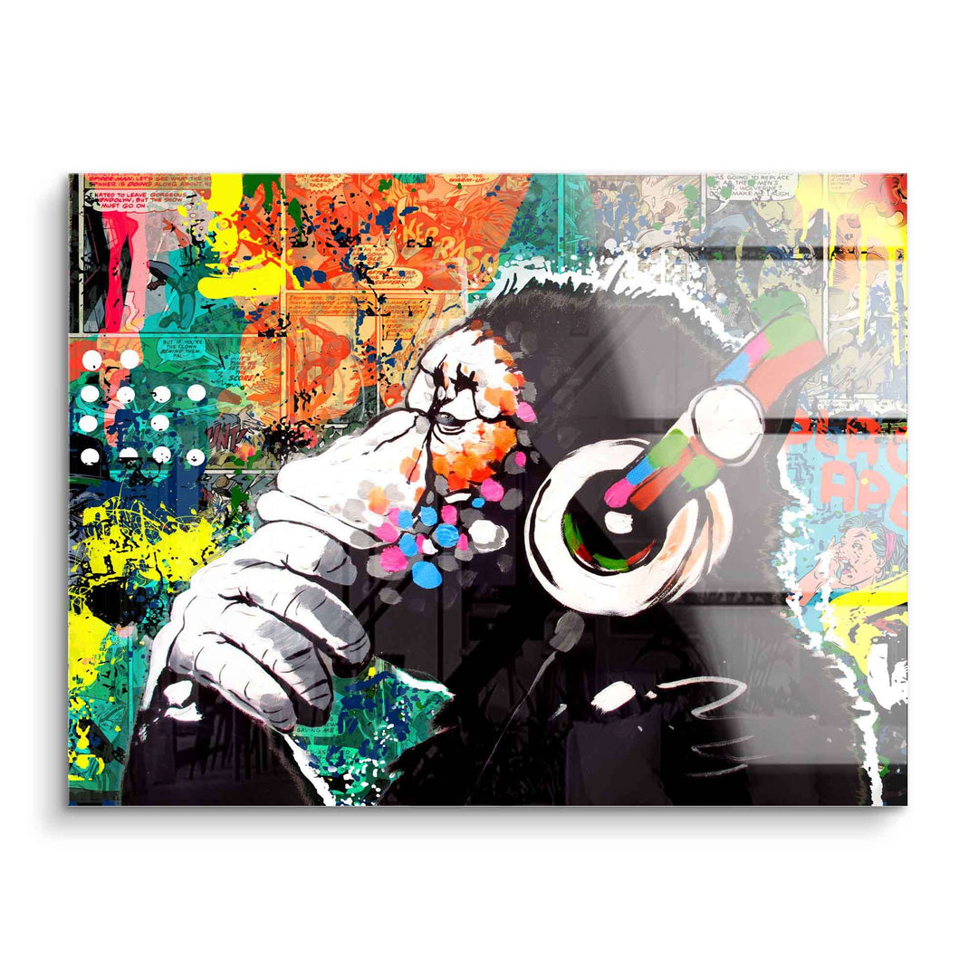 Pop Art Wandbild Affe mit Kopfhörern, buntes Acrylbild, Comic- und Graffiti-Stil