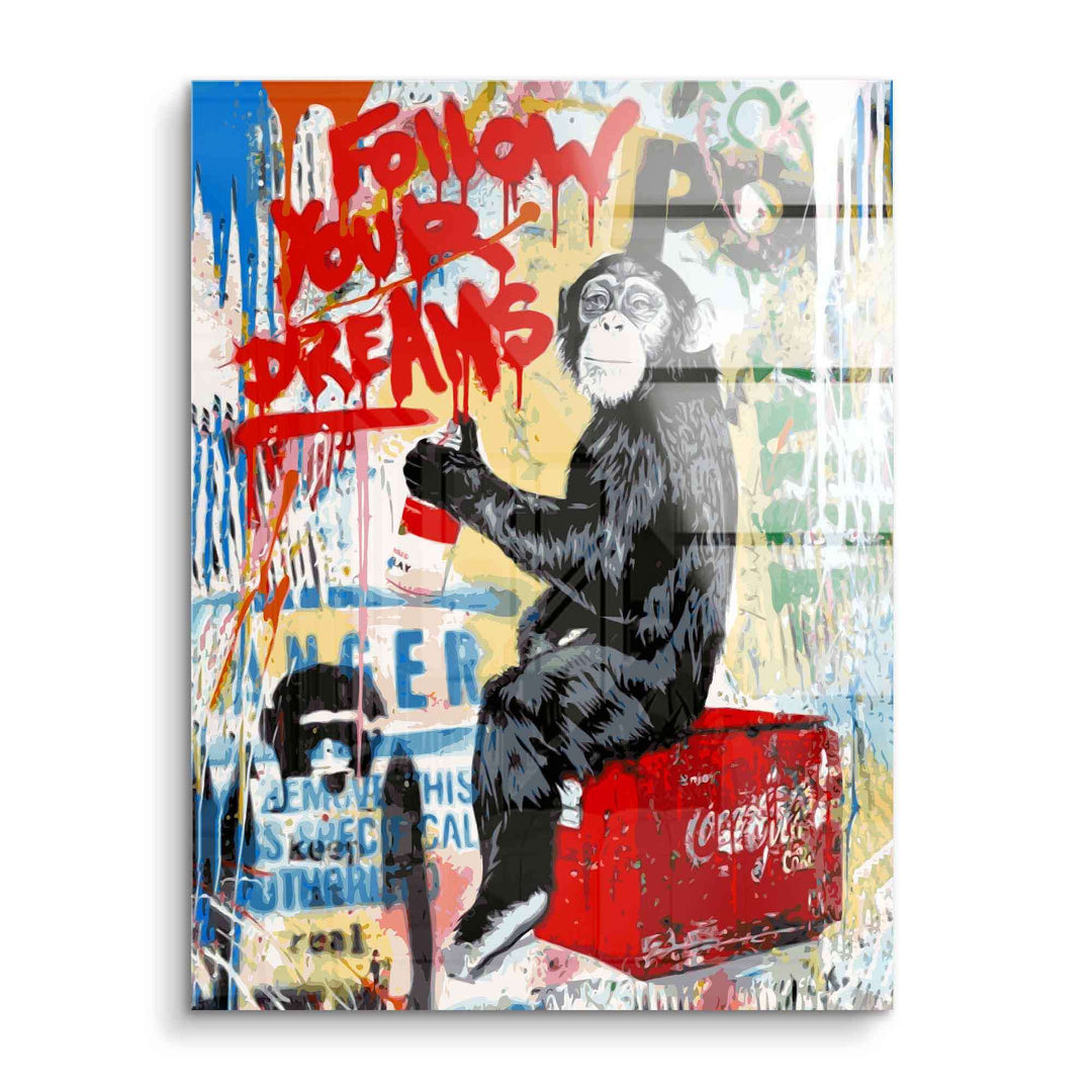 Pop Art Wandbild mit Affe, Spraydose, Schrift 'Follow Your Dreams', bunte Graffiti-Optik