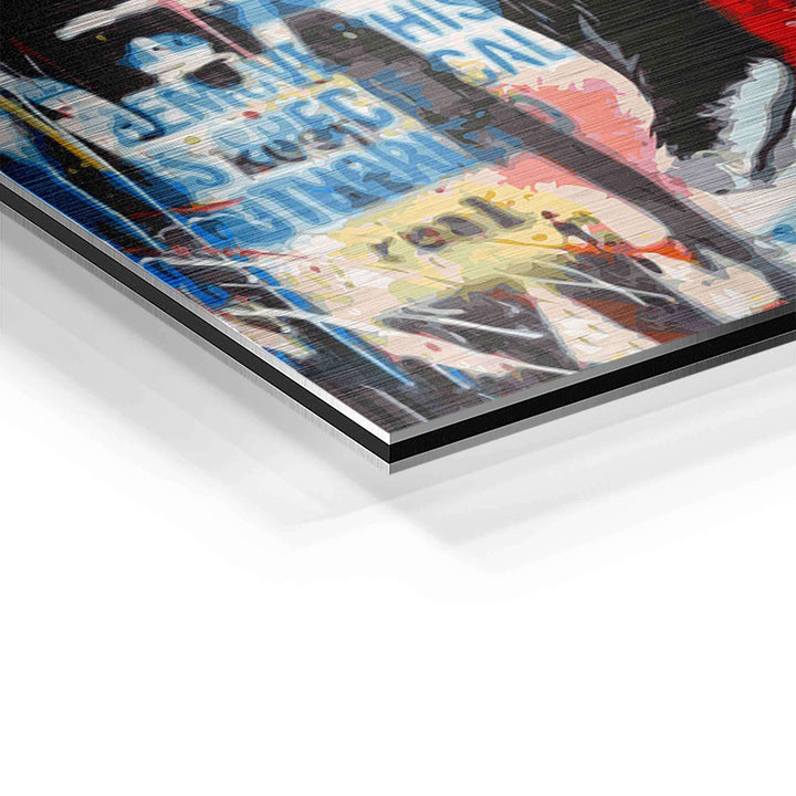 Detailaufnahme eines Pop Art Wandbilds mit buntem Affenmotiv auf Cola-Hintergrund, Alu-Druck