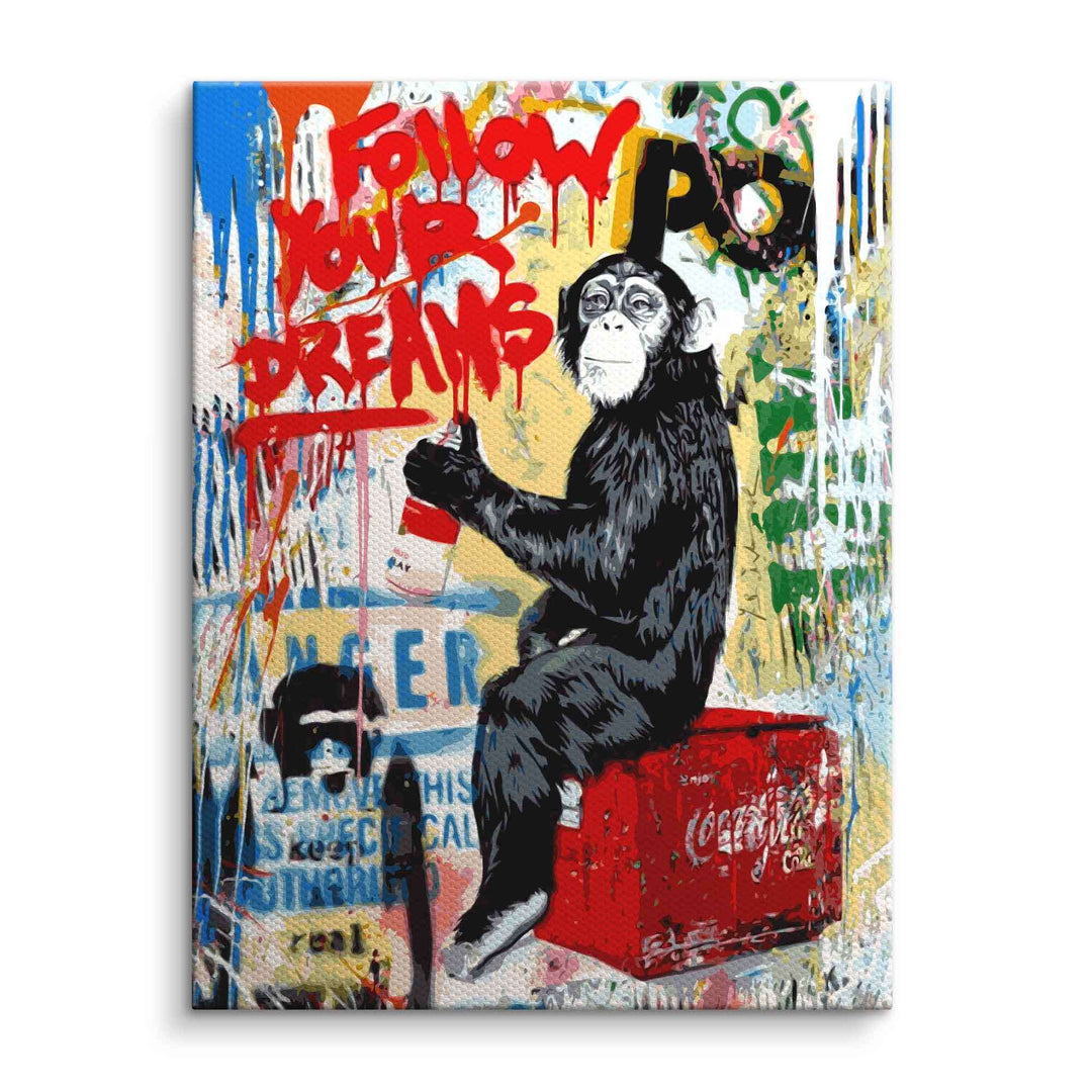 Pop Art Wandbild mit Affe, Graffiti-Text 'Follow Your Dreams', bunte Farben, Leinwand