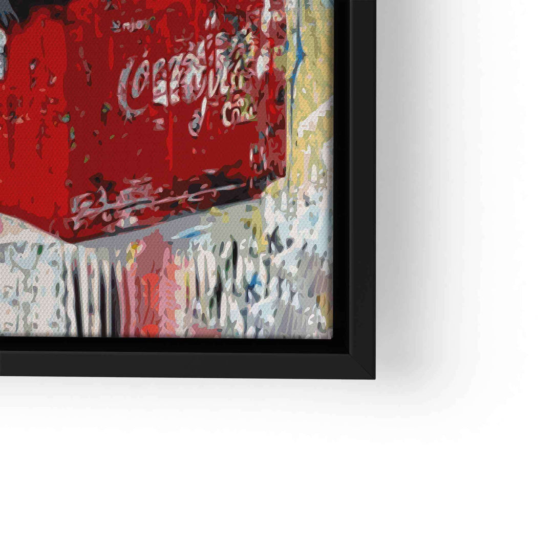 Detail eines Pop Art Wandbildes mit rotem Coca-Cola Kasten auf Leinwand, bunter Hintergrund