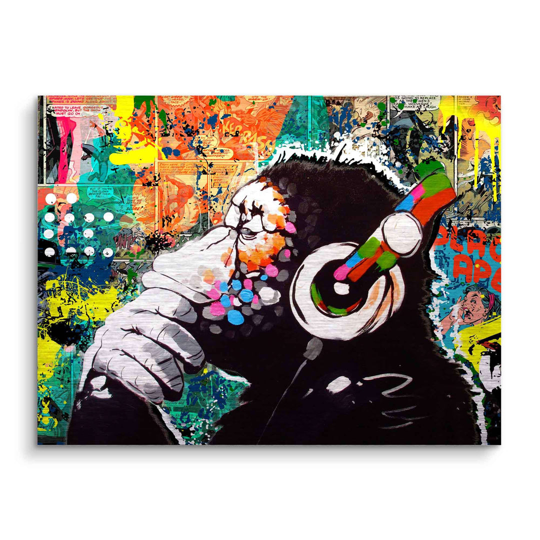 Pop Art Wandbild mit nachdenklichem Affen, bunte Kopfhörer, Comic-Hintergrund