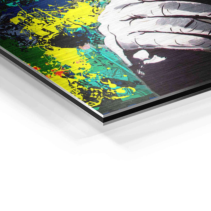 Detailansicht Pop Art Affe Wandbild auf Aluminium mit bunter Farbe und gebürsteter Optik