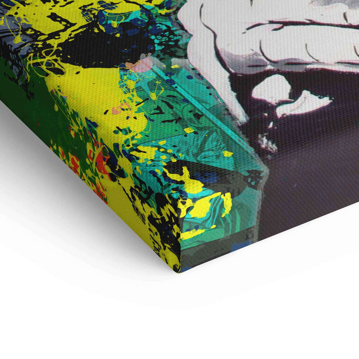 Detailansicht Pop Art Affe Leinwandbild mit bunten Farbspritzern und abstrakten Mustern