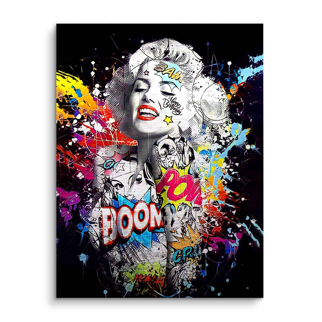 Pop Art Wandbild mit Comic-Elementen, Farbexplosion und stilisiertem Frauenporträt