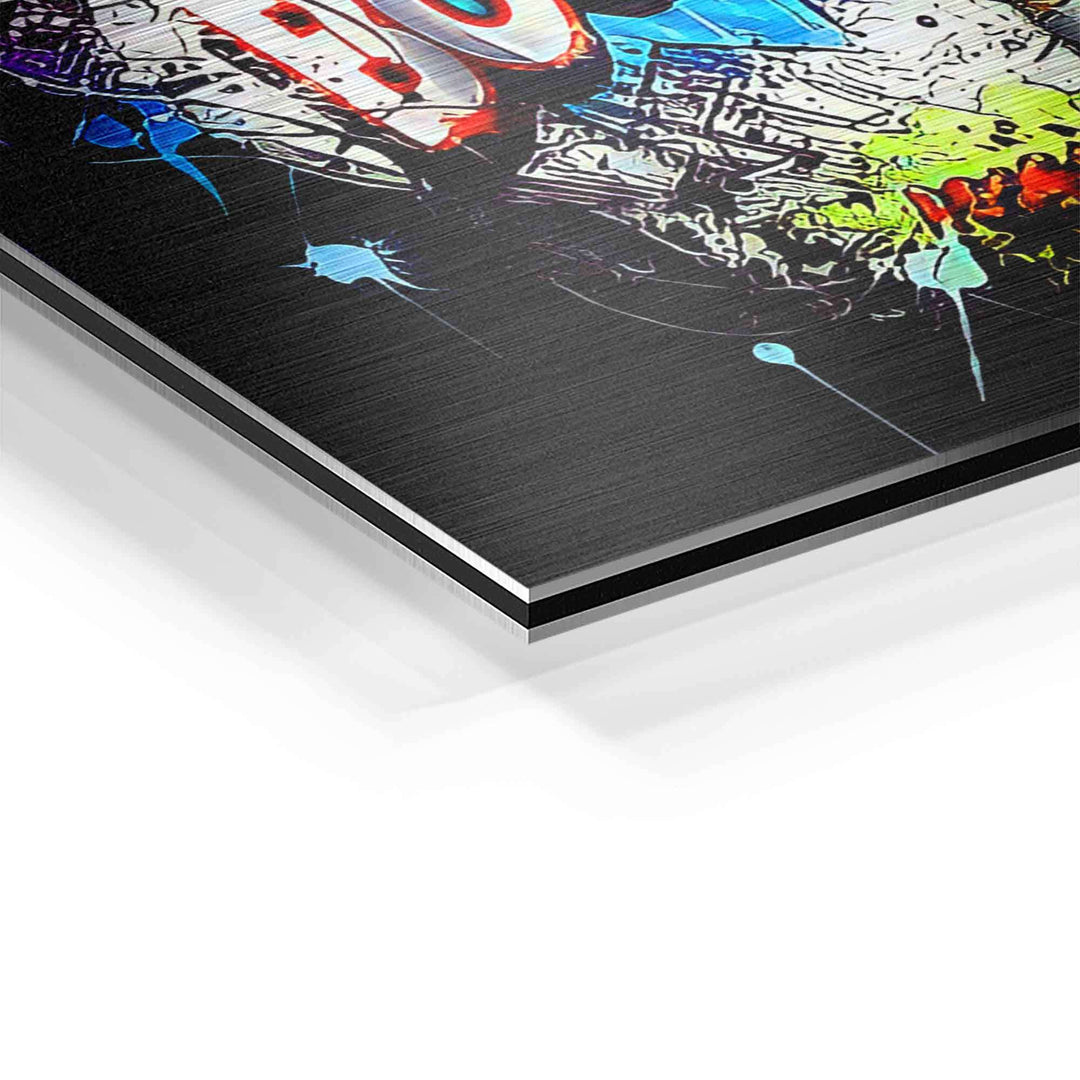 Detailansicht Pop Art Wandbild auf Aluminium mit buntem Comic Motiv und Schriftzug BOOM