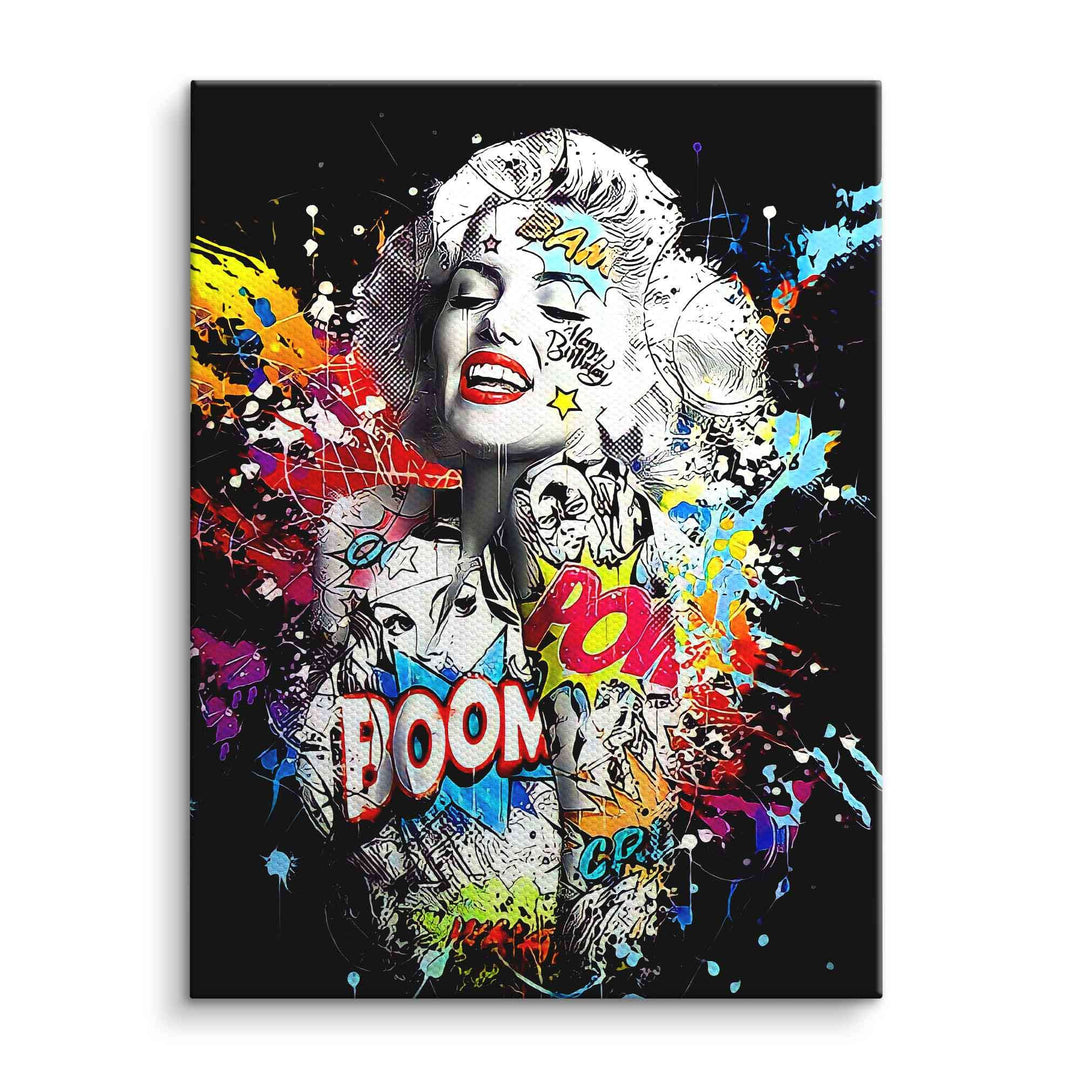Pop Art Wandbild mit Vintage-Frauenporträt, Comic-Elementen und bunten Boom-Schriftzügen