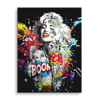 Pop Art Wandbild mit Vintage-Frauenporträt, Comic-Elementen und bunten Boom-Schriftzügen