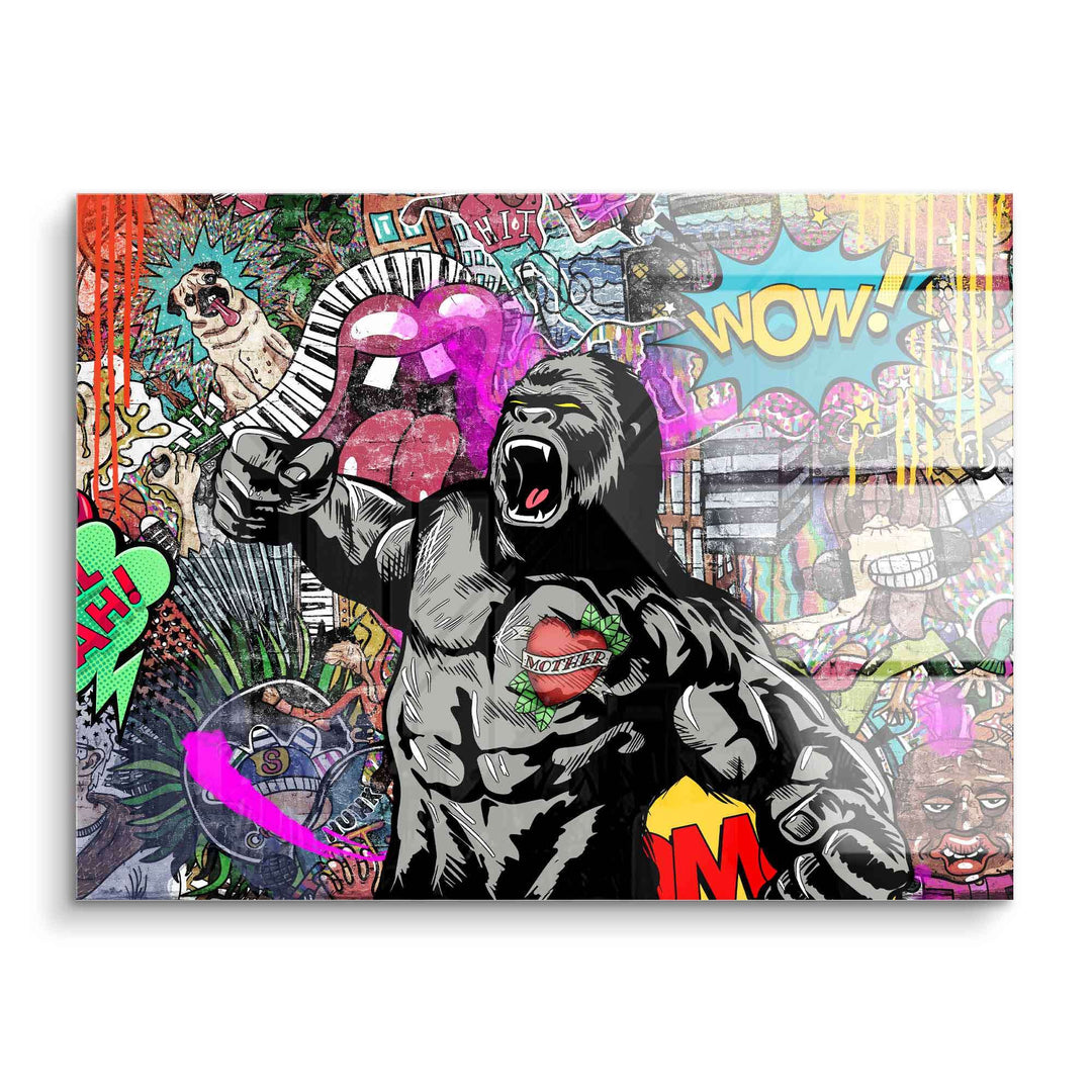 Pop Art Wandbild mit brüllendem Gorilla, farbenfrohe Comic-Grafiken und Graffiti-Hintergrund