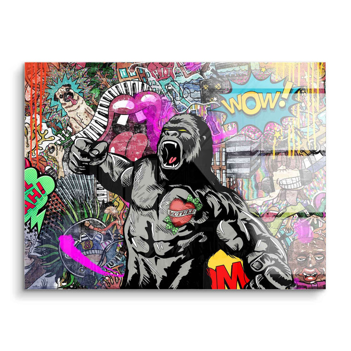 Pop Art Wandbild mit brüllendem Gorilla, farbenfrohe Comic-Grafiken und Graffiti-Hintergrund