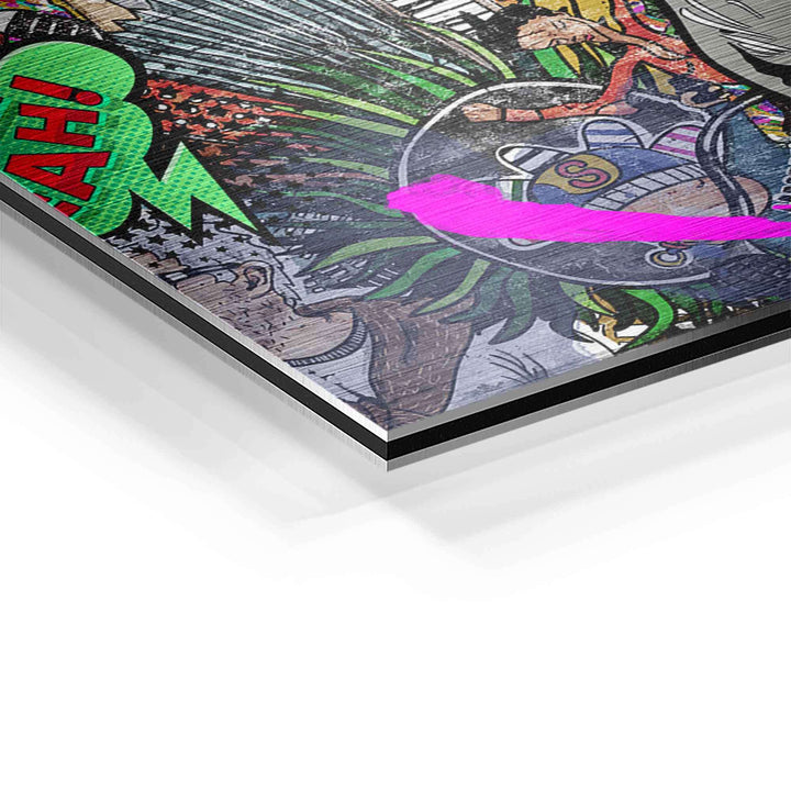 Detailansicht Pop Art Wandbild mit Gorilla-Motiv, bunten Farben und Comic-Elementen auf Aluminium