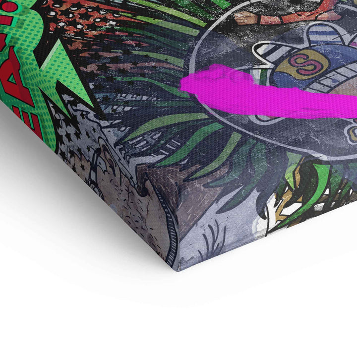 Detail eines Pop Art Gorilla Wandbilds auf Leinwand mit bunten Farben und Grafikelementen