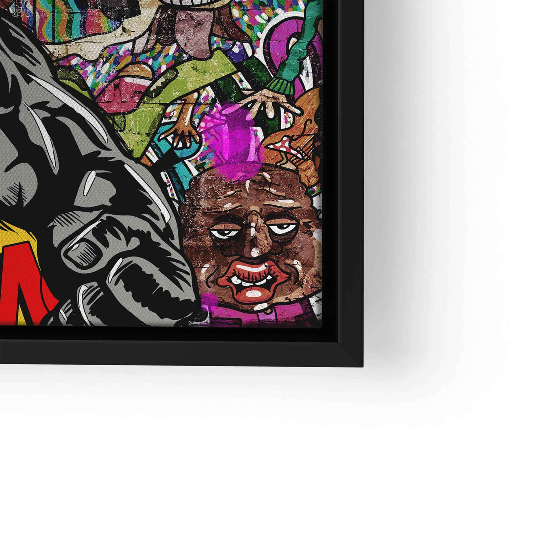 Pop Art Wandbild mit Gorilla-Motiv, Comic-Elementen und buntem Graffiti-Stil im schwarzen Rahmen