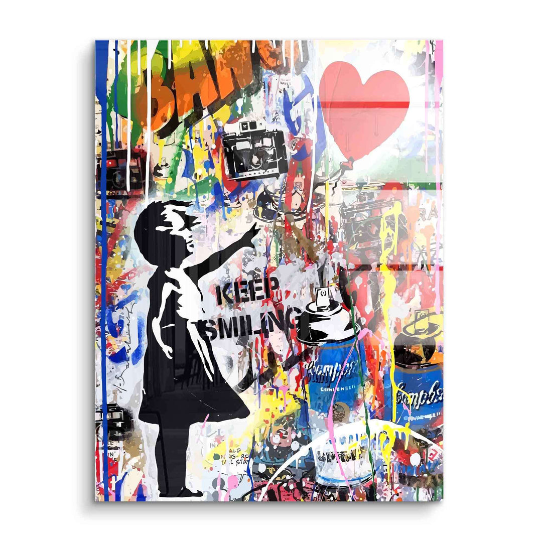 Pop Art Wandbild mit Mädchen-Silhouette, rotem Herz-Ballon und bunten Graffiti-Elementen