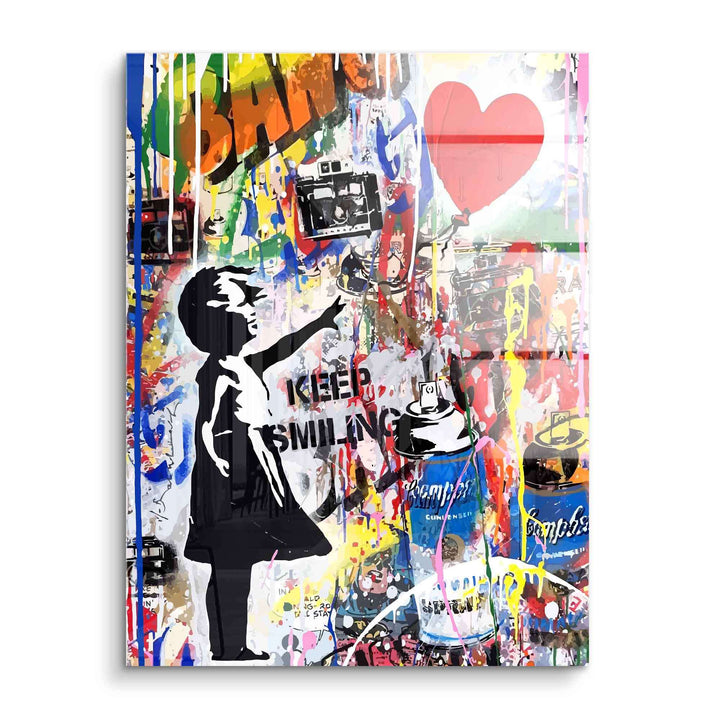 Pop Art Wandbild mit Mädchen-Silhouette, rotem Herz-Ballon und bunten Graffiti-Elementen