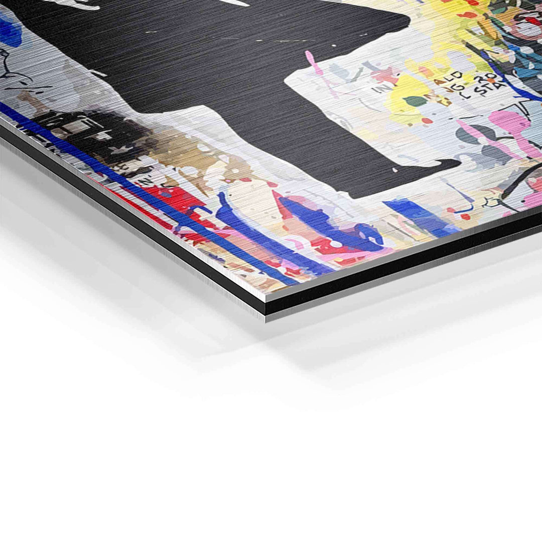 Detailansicht Pop Art Wandbild auf Aluminium mit bunter Graffiti-Optik und schwarzer Silhouette